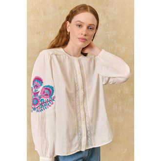 Louise Misha Geborduurde blouse met lange mouwen en ronde hals, JEANNE
