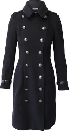Burberry Pre-owned Womens Double-Breasted Trench Coat with Leather Detail in Black Wool - Size 6 UK
