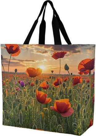 Generic Red Poppies Flower Field In Sunset Shopper Bag Waterproof Tote Bag Reusable Shoulder Bags For Yoga Picnic Daily Use