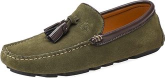 Generic Mens Loafers Tassel Suede Vamp Genuine Leather Round Toe Flat Heel Lightweight Flexible Driving Classic Slip-ons(Dark Green,5.5 UK)