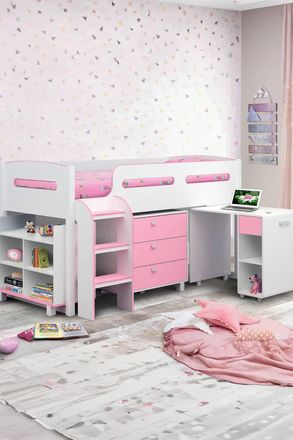 Julian Bowen Kimbo Single Pink & White Midsleeper Cabin Bed with Desk