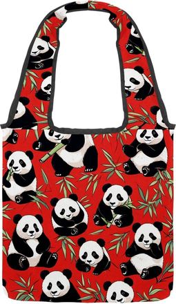 Generic Cute Panda on Red Reversible Canvas Shoulder Tote - Double-Sided Print, 12oz Cotton, 27cm Drop, Fold-Flat Bag for Travel, Shopping, Street Outings