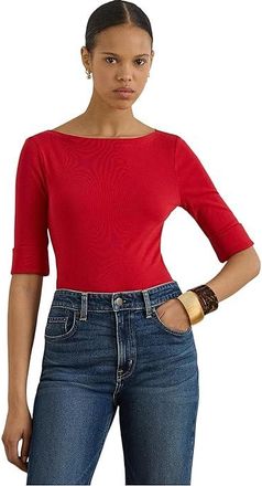 Lauren Ralph Lauren Stretch Cotton Boatneck Top Womens T Shirt Cruise Red : MD, Cotton/Elastane