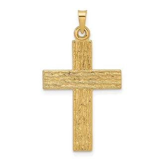 Diamond2Deal 14k Yellow Gold Polished Wood Texture Solid Cross Pendant