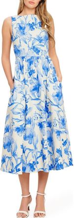 Flying Tomato Print Bow Twill Midi Dress in Ivory Blue at Nordstrom, Size Large