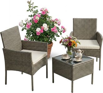 Relaxdays Relaxdays Set Polyrattan 3 Pz, 2 Poltrone & Tavolino Vetro, Outdoor, Grigio