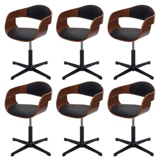 Hhg Juego De 6 Sillas De Comedor Hhg 496, Silla, Altura Regulable, Mecanismo Giratorio, Madera Curvada, Mvg, Aspecto Nogal, Cuero Sint&eacute;tico Negro