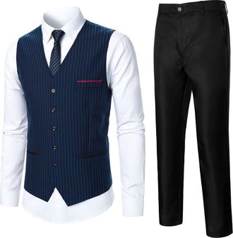 Generic Mens Suit Pinstripe Waistcoat & Trousers Set 2 Pieces Classic Formal Wedding Party Vest with Chest Pocket and Pants Business Waistcoat Matching Dress 
