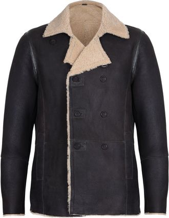 Infinity Leather Mens Double Breasted Shearling Sheepskin Pea Coat-Valencia
