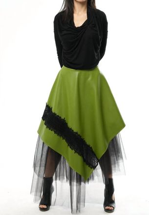 Metamorfosi Vegan Leather Skirt With Tulle In Green