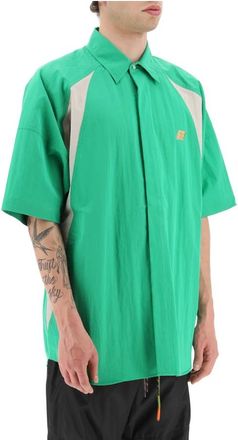 AMBUSH Tweekleurige Oversized Shirt met Logo Patches - Heren - Korte mouwen Overhemden - Groen - M - Katoen - Overhemden