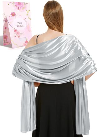 Heekpek Ladies Satin Scarf Wedding Shawls and Wraps Womens Silky Scarf Lightweight Evening Party Dresses Bride Bridemaid, Silver, One Size