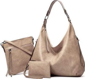 Generic Leather vintage style hobo lightweight handbag for women, zippered tote bag for women. (Apricot Gray)