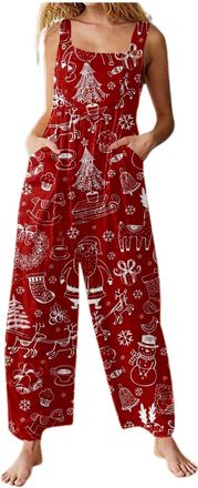 Generic Xmas Onesies Christmas Jumpsuit For Women Uk Santa Claus Print Dungarees Snowman Print Tunic Long Overall High Waist Slim Fit Fitness Onsies Romper Wi