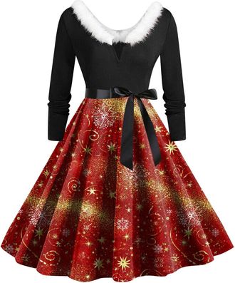 Generic Christmas Dress Womens V Neck Long Sleeve Winter Dress Elegant Perfect Party Printed Xmas Costume Swing Dresses Womens Christmas Sweatshirt Outfits Sw