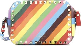 Valentino Garavani Rockstud 1973 Camera Striped Leather crossbody bag - Blauw