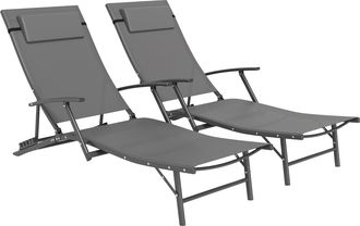 OUTSUNNY Set Of 2 Garden Sun Loungers - Folding Chaise Lounge Chairs - Grey - Grey | TJ Hughes