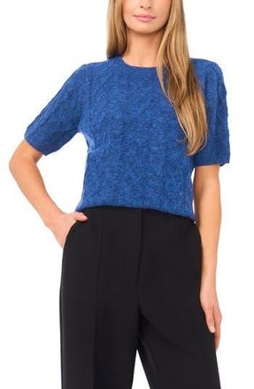 Halogen Fuzzy Cable Stitch Short Sleeve Crewneck Sweater in Mountain Blue at Nordstrom Rack, Size Small