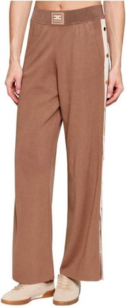 Elisabetta Franchi Gebreide stoffen broek met glanzende viscose banden - Dames - Wijde Broeken - Bruin - XS - Broeken
