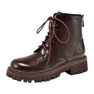 Generic Womens British Style Ankle Boots Round Toe Medium Block Heel Platform Slip On With Decorative Lace-Up Detail