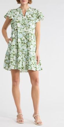 Melrose and Market Flutter Sleeve Tiered Minidress in Blue- Green Flashback Floral at Nordstrom Rack, Size Small