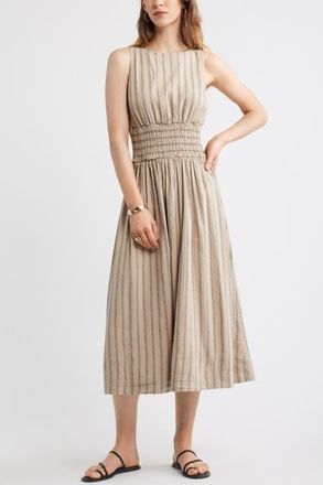 Nordstrom Smocked Waist Midi Dress in Tan- Black Sonjay Stripe at Nordstrom, Size Xx-Large