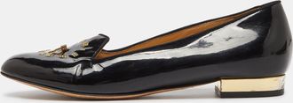 Charlotte Olympia Black Patent Leather Fashionably Late Clock Face Smoking Slippers