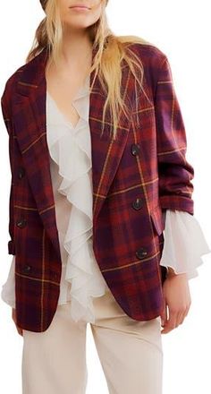 Free People Dean Double Breasted Blazer in Plum Combo at Nordstrom Rack, Size Medium