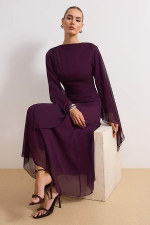 Trendyol Modest Dames Paars Effen Maxi Lang Stijlvol/Avond Recht Modest Jurken