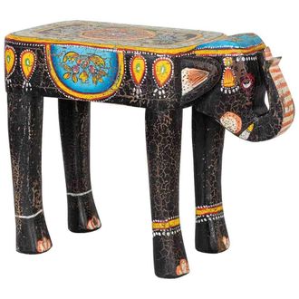 Wanderlust Deco Taburete De Madera Elefante Multicolor Pintado A Mano 56x21x40cm