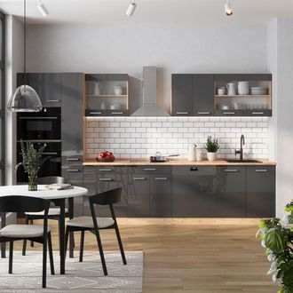 Vicco Mueble De Cocina R-line, Antracita Brillo Intenso/roble Dorado El&eacute;ctrico, 350 Cm Con Armario Alto, Et Antracita