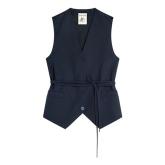 Semicouture Vests, female, Blue, Size: 2XS Dark Blue Wool Waistcoat with Belt