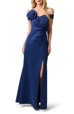 Adrianna Papell Off the Shoulder Scuba Gown in Navy Sateen at Nordstrom, Size 12