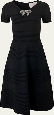 Carolina Herrera Crystal Bow V-Neck Flare Dress