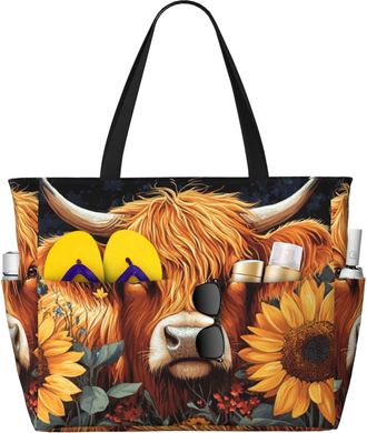 Generic Highland Cow Print Large Beach Bag Foldable Travel Shoulder Tote Bag With Pocket For Weekender Pool Vacation