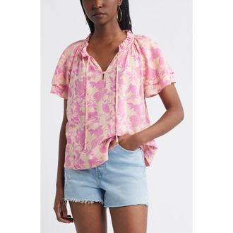 Treasure & Bond Shirred Botanical Print Linen Blend Top in Coral- Pink Jill Bloom at Nordstrom Rack, Size X-Large