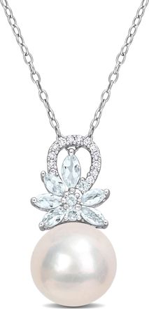 Mimi & Max 11-12mm Cultured Freshwater Pearl and 5/8ct TGW Aquamarine and Diamond Accent Flower Pendant with Chain in Sterling Silver