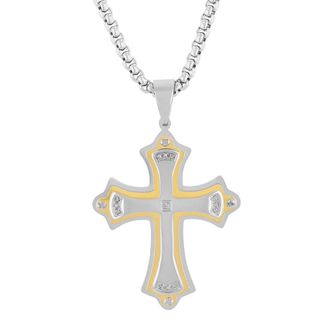 Robert Alton 07CTW Diamond Stainless Steel With White and Yellow Finish Mens Cross Pendant