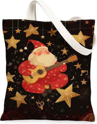Generic Christmas Santa Canvas Tote Bags, Star Pattern Reusable Grocery Bags, Holiday Vintage Washable Shoulder Strap Canvas for Tr, Red, 13x15 Inch
