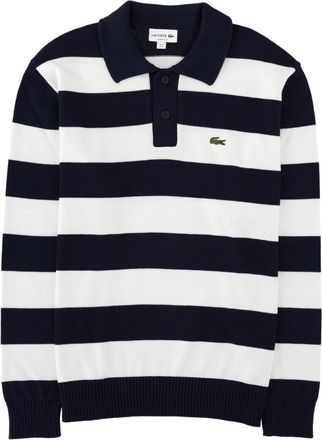 Lacoste Blue Horizontal Striped Polo Collar Cotton Sweater