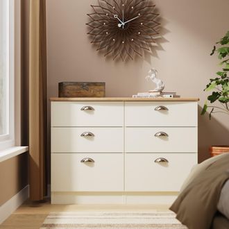 Welcome Furniture Westminster Ready Assembled 6 Drawer Wide Chest in Cream Ash & Riviera Oak - Welcome Furniture | TJ Hughes