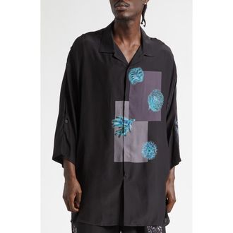 Yohji Yamamoto Button Shoulder Sea Creature Graphic Silk Button-Up Shirt in Black at Nordstrom, Size 2