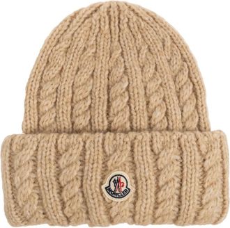 Moncler Cable Knit Wool Blend Beanie - Dames - Hoeden - Beige - ONE Size - Wol - Accessoires