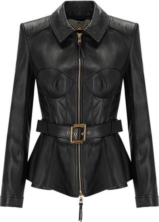 Elisabetta Franchi Black Leather Belted Jacket