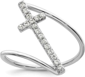 Diamond2Deal Sterling Silver Rhodium-plated Polished Cubic Zirconia Cross Ring