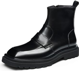 Generic Mens Square Toe Leather Ankle Boots Chunky Heel Platform Short Boots Low Heel Casual Booties with Side Zipper,Black,7.5 UK