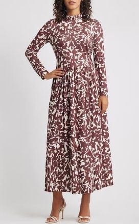 Parker Printed Mock Neck Long Sleeve Maxi Dress in Rum Raisin at Nordstrom Rack, Size Small