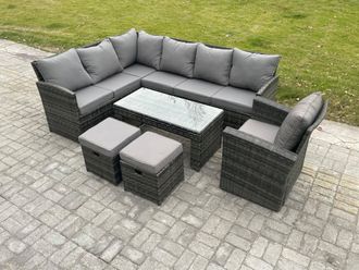 Fimous 9 Seater Outdoor Rattan Garden Furniture Set Corner Sofa Oblong Coffee Table Sets with Patio 2 Small Footstools Armchair Dark Grey Mixed