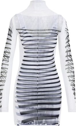 Jean Paul Gaultier White Spandex Mesh Printed Feathers Mariniere Mini Dress-Donna