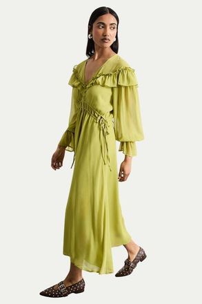 Warehouse Ruffle Shoulder Detail Boho Maxi Dress in Chartreuse at Nordstrom, Size 10